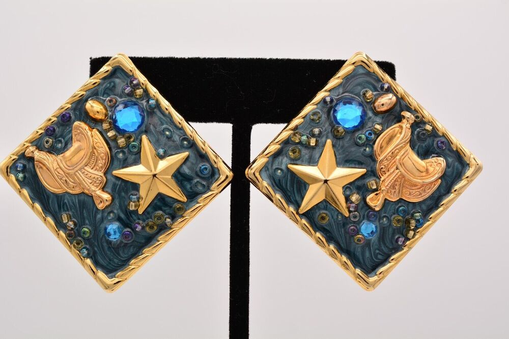 Vintage Clip On Earrings Star Cowboy Saddle Crystal Enamel Gold Chunky 80s BinAF